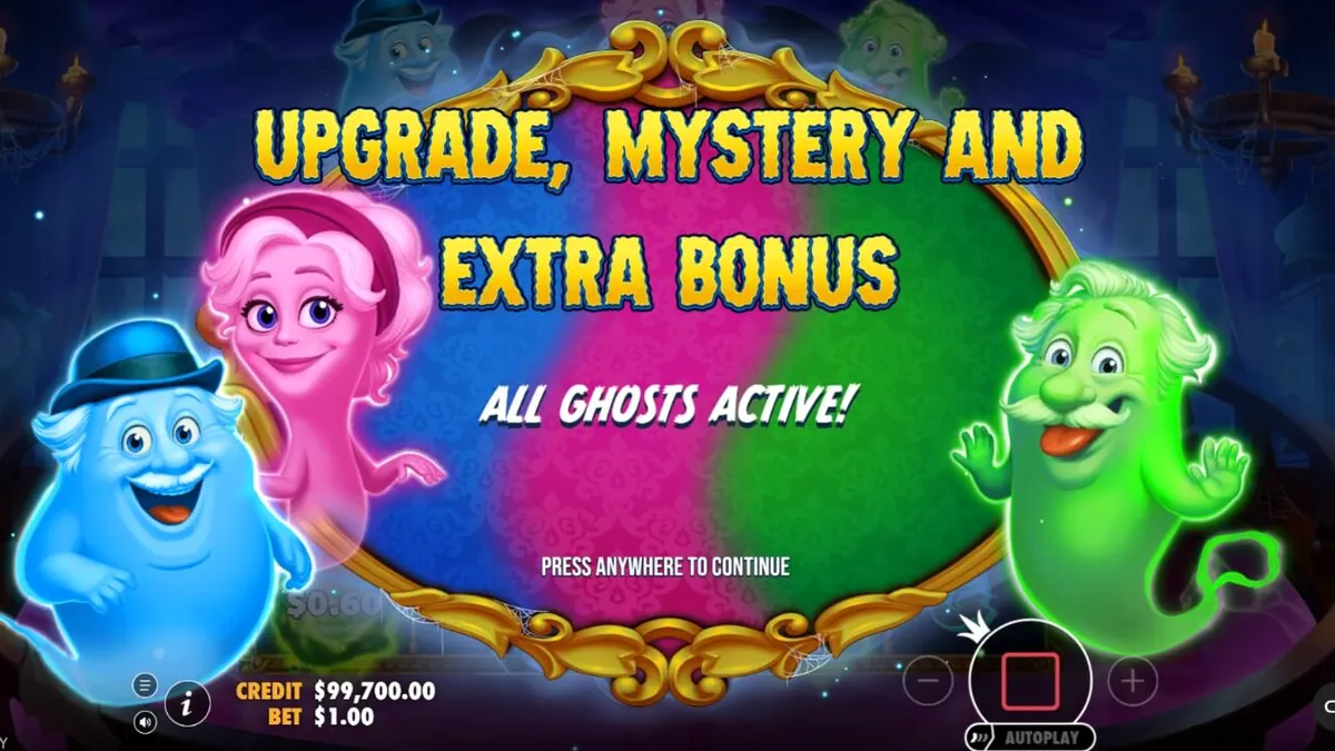 Tampilan visual slot Great Ghosts dengan tema rumah hantu kartun