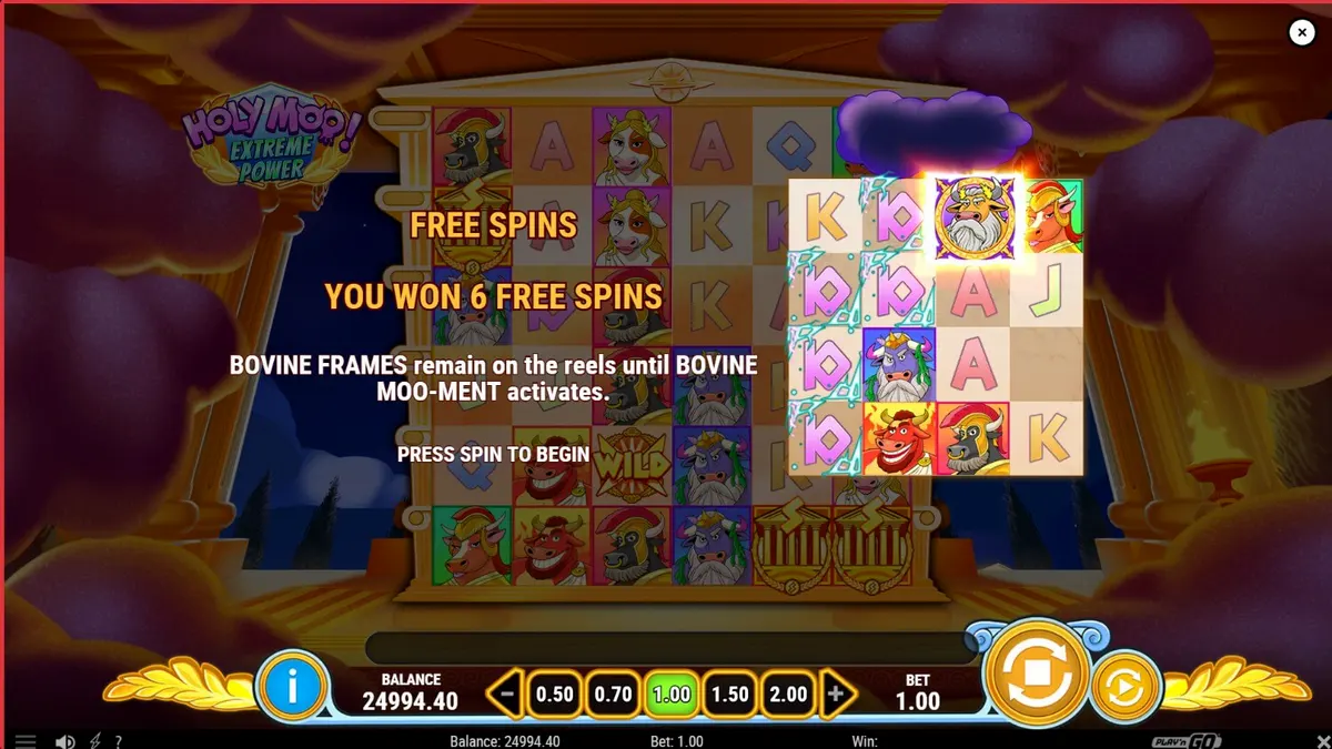 Holy Moo! Extreme Power slot game interface with cartoon cow gods