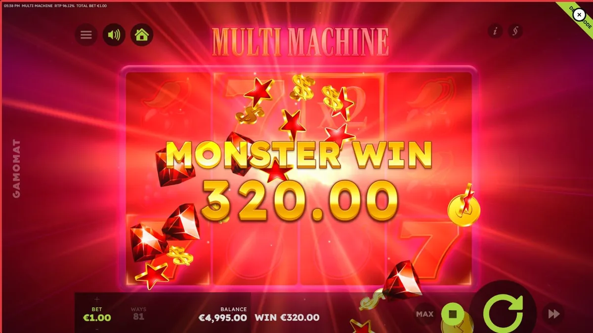 Tampilan visual slot Multi Machine dengan simbol buah klasik dan aksen ungu modern.