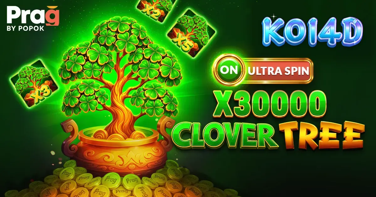 Tampilan visual permainan slot Clover Tree x30000 Prag dengan latar belakang bertema keberuntungan.
